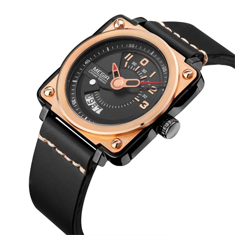 

Relogio Masculino Megir 2040 Top Brand Luxury Men Square Watches Waterproof Quartz Analog Sport Watch, Black, rose gold, brown