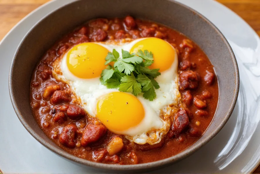 Bowl of red chili con carne topped with perfectly cooked sunny side up eggs and fresh cilantro