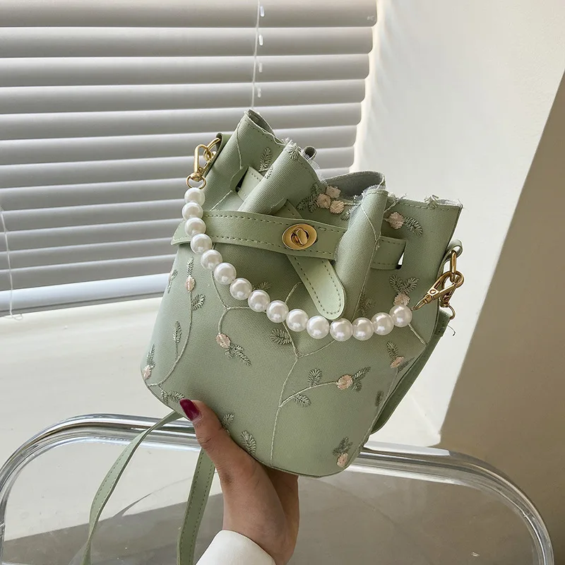 

Fashion designer luxury lady shoulder bag pearl handle women bucket bag with embroidery, As pictures or customized