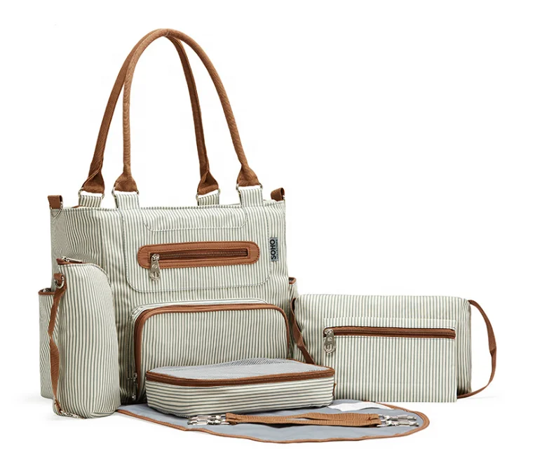 

New 7 in 1 set private label striped diaper bags designer baby diaper bag tote large capacity mommy baby bag with stroller hook, Black/khaki