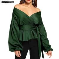 

Euramerican womens sexy off shoulder lantern sleeve lace-up slim waist shirts blouses and tops women