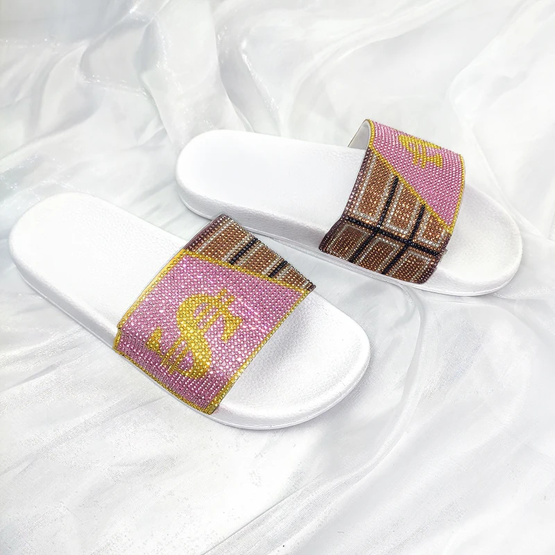 

Summer luxury rhinestone slides crystal slides lady shiny shoes women sandals dollar slippers, Picture
