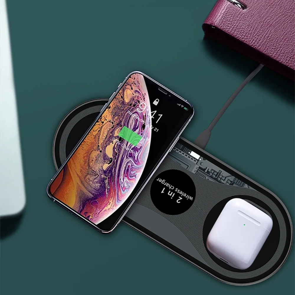 

Free Shipping 1 Sample OK 15W Portable 2 in 1 Smart Wireless Charging For Mobile Cellpone Earphone Fast Wireless Charger
