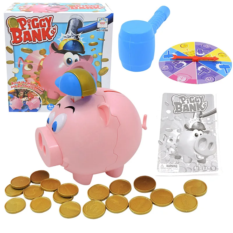 

Pink Pig Bank Saving Money Box Game Toy Knocking Piggy Bank Breaking Table Games Toys with Golden Coins, Picture