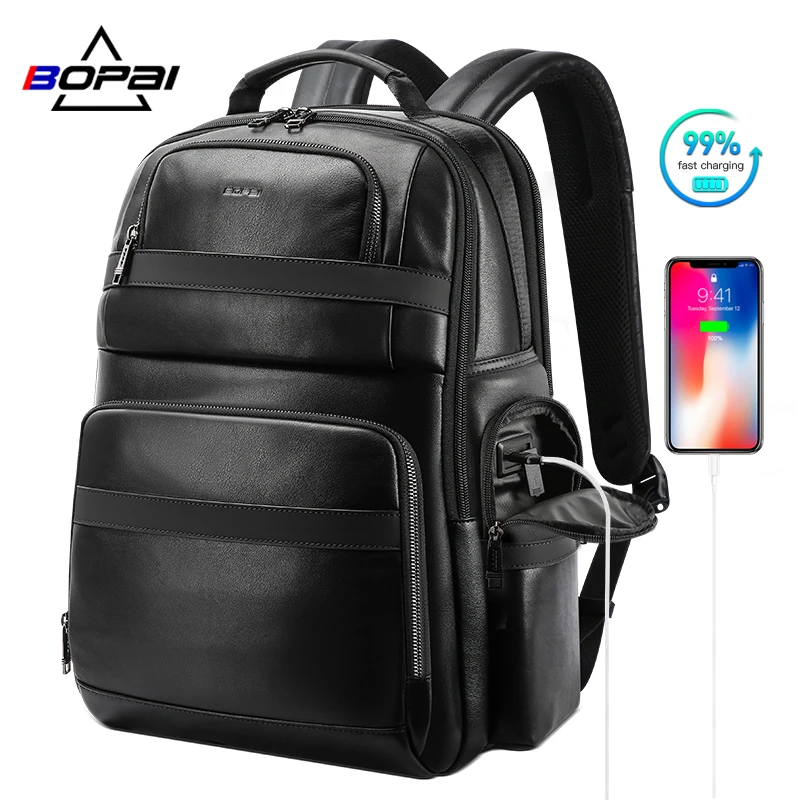 

BOPAI Luxury Men Back Packs Business Travel Genuine Leather Laptop Backpack