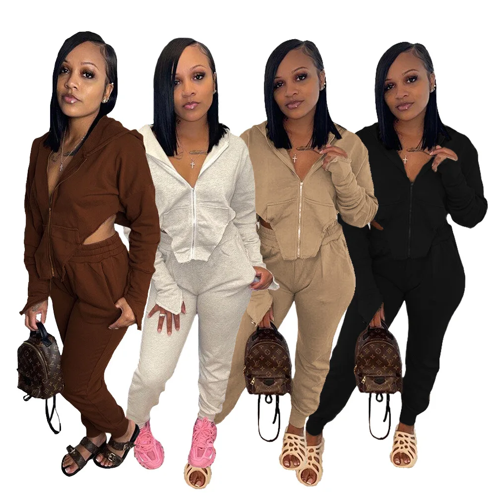 

M2136 private label zipper hoodie set 2021 fall fashion sporty 2 piece sweatsuit set women jogging suits