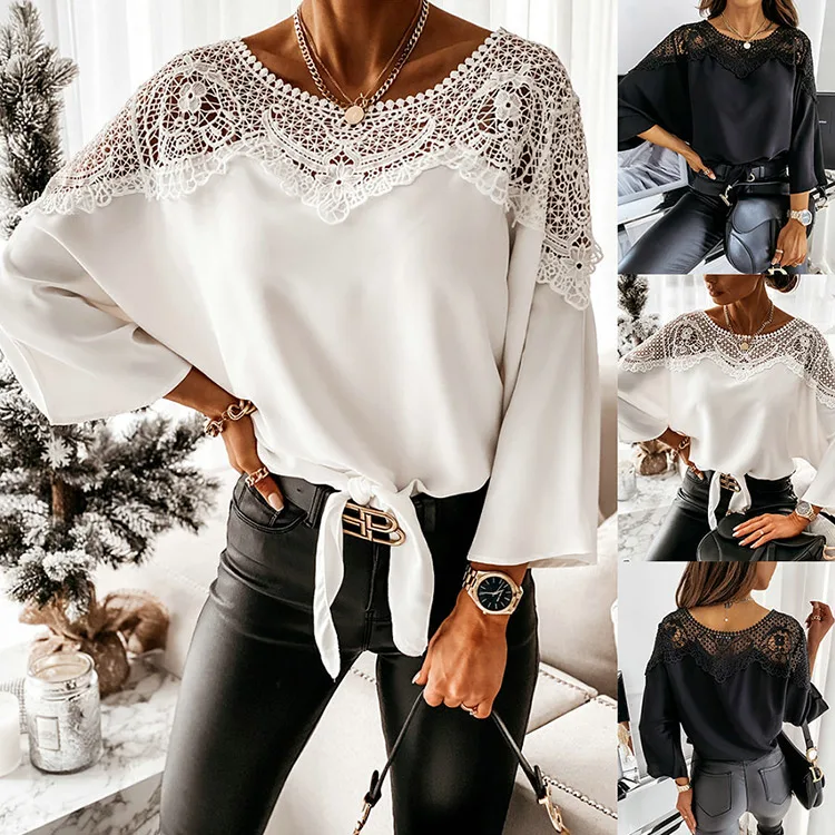 

Fashionable Loose Round Neck Lace 3/4 Sleeve Autumn Lace Tops Woman Blouse, White/black
