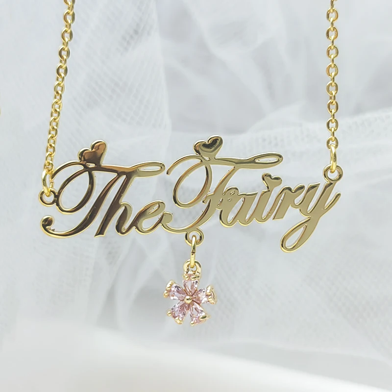 Qiuhan Stainless Steel Jewelry 18K Gold Flower Type Zircon Pendant Custom Name Necklace