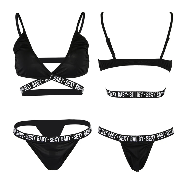 

Women Two Pieces Back Closure Crisscross Bra Brief Bikini Letter Print Bralette Set, White, black