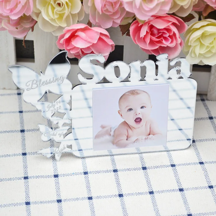 Free customized mirror acrylic laser cut baby photo f<em></em>rame for newborn birthday baby shower guest souvenirs