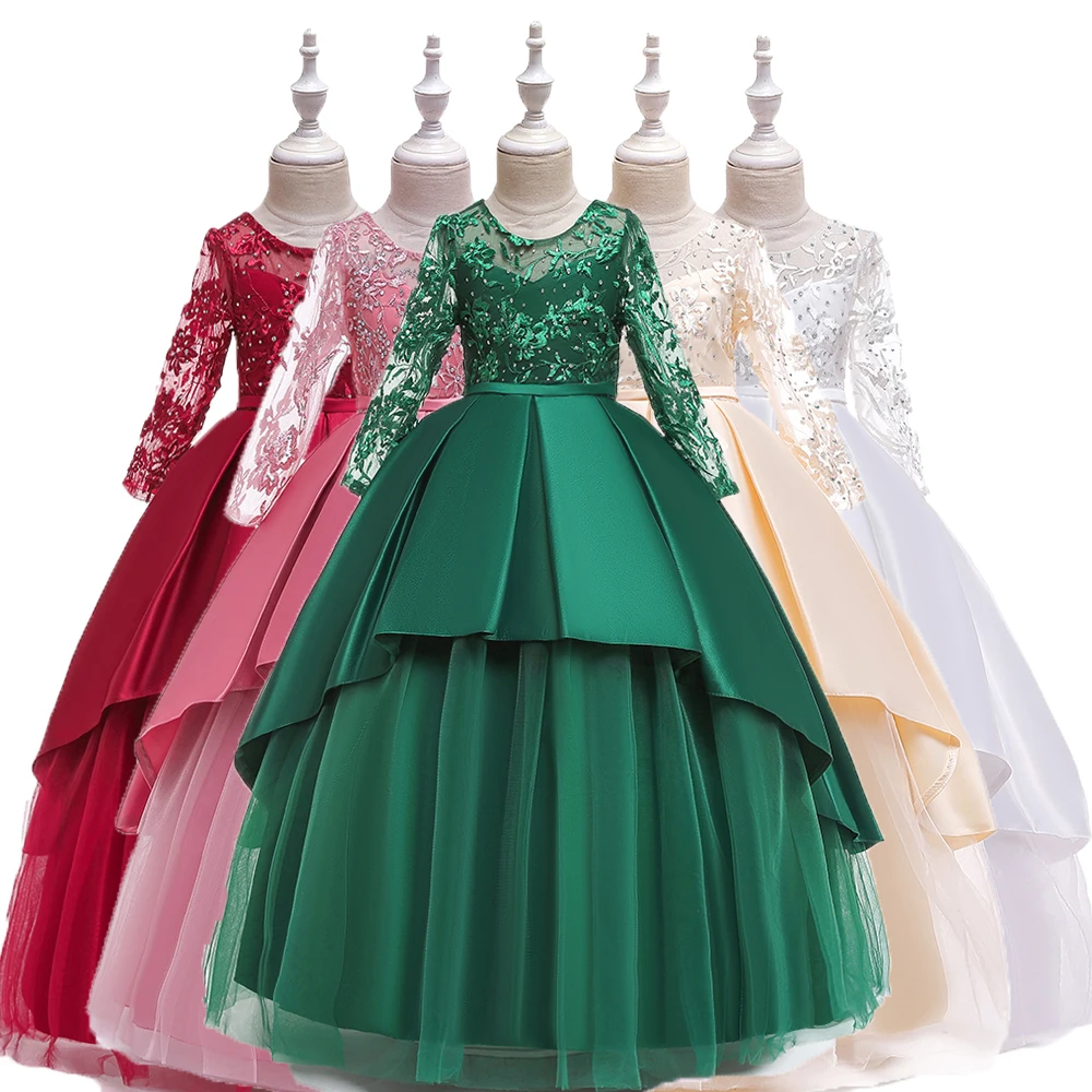 

Meiqiai Flower Girls Princess Long Sleeve Dresses Kids Performance Party Wedding Ball Gowns LP-233, Green, pink, champagne, maroon