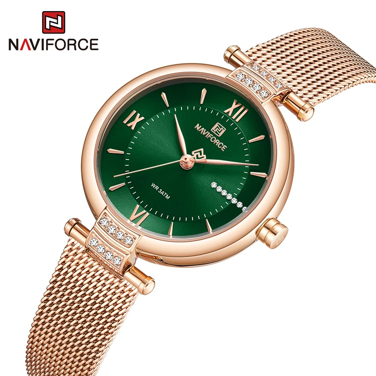 

Naviforce 5019 RGGN Milan Stainless Steel Straps Comte 3ATM Waterproof Quartz Roman Digital Women's Watch