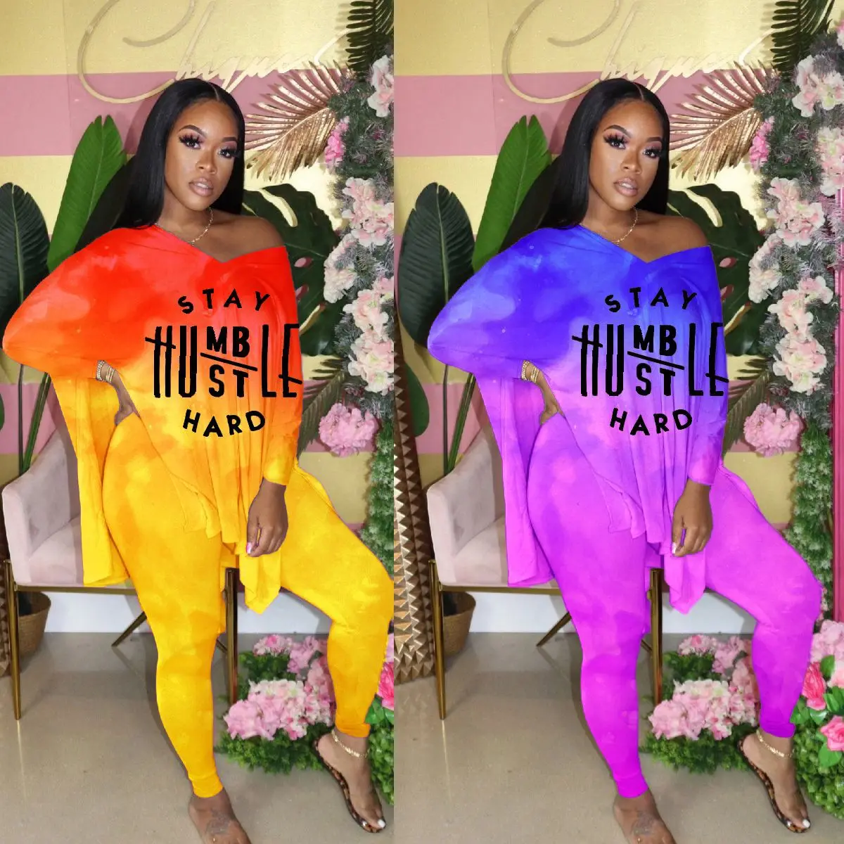 

S-XXXXL Best Sell Casual Set 2 Piece Gradient Print Letter Plus Size Two Piece Set Women Clothing