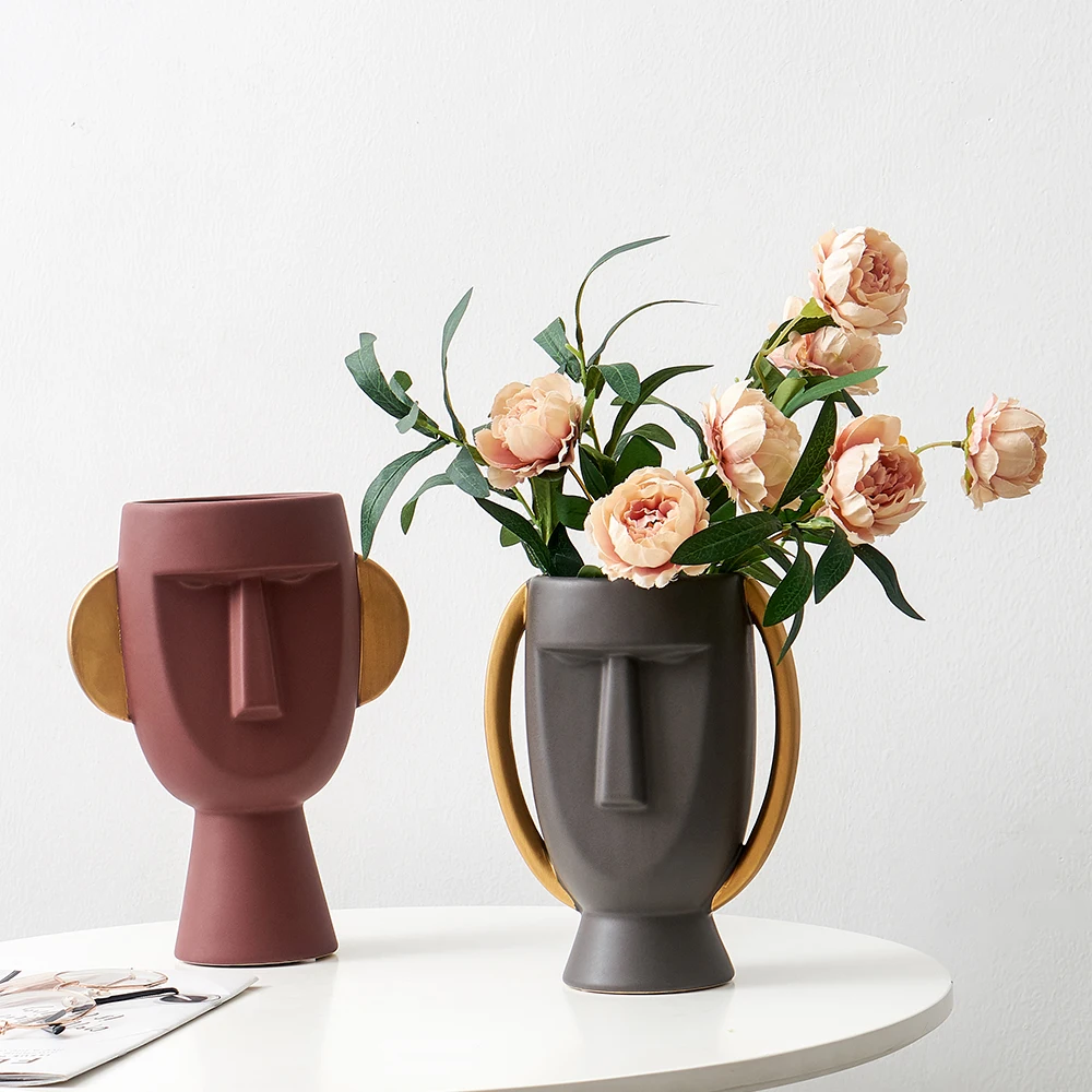 

Creative abstract human face vase decoration home with handle small ceramic flower pot