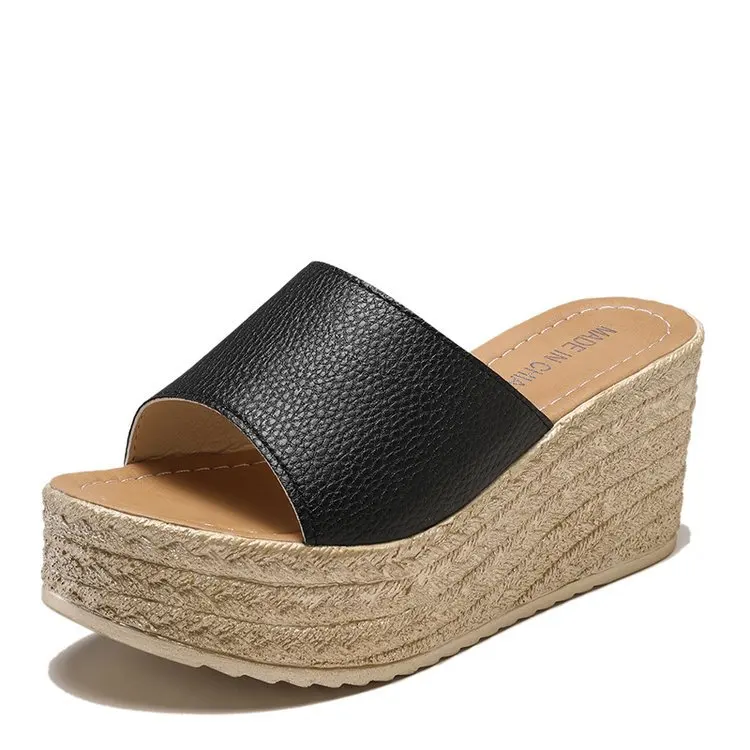 

Factory Sale Ladies Summer Fashion Sandals Slippers Solid Color Leather Fish Mouth Open Toe Platform Women Wedge Sandals