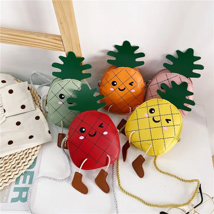 

New cute pineapple small girls messenger bag fashion cartoon shoulder bag lovely kids coin purse, Red,yellow,green,pink,orange