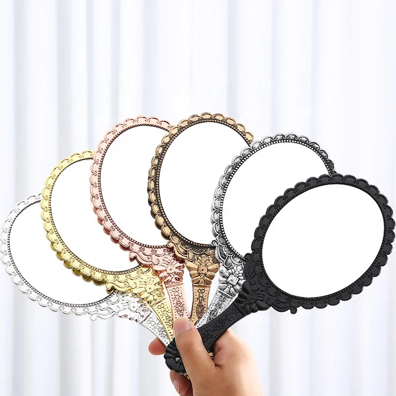 

Daily Makeup Beauty Princess Oval Handle Mirror Vintage Custom Logo Carved Gift Mini Makeup Mirror