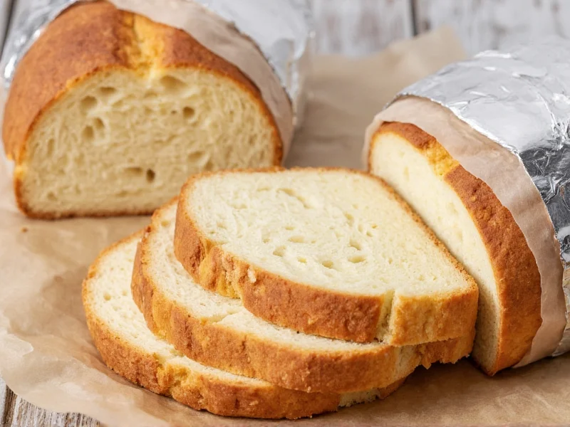 Sliced homemade bread wrapped in foil with parchment between slices