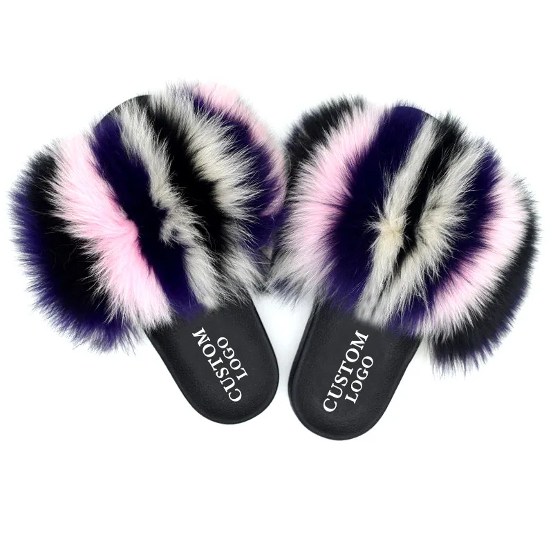 

OEM colorful cute warm women ladies slides with fur real fox fur party house vacation flip flops flat slippers wholesale
