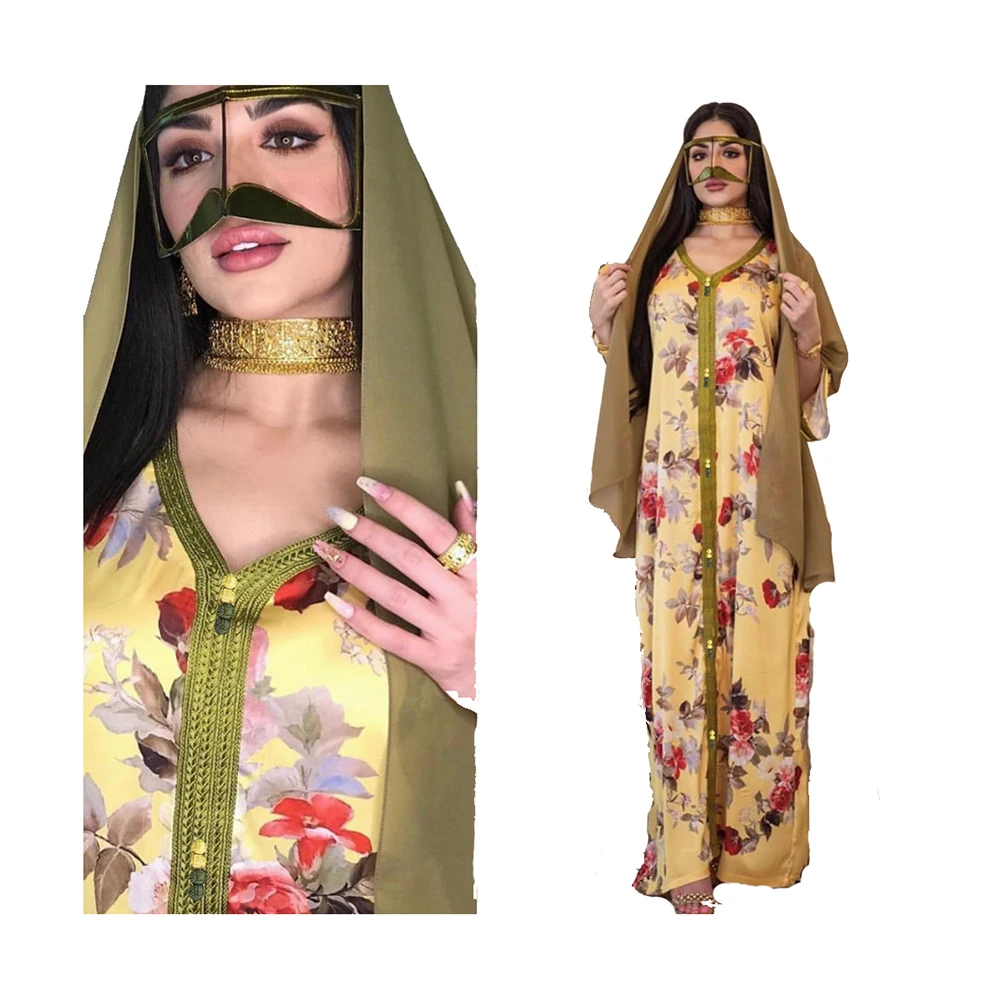 

Foma Clothing AB077 arab dubai islamic women abaya yellow floral embroidery muslim long sleeve maxi dress for ladies, 1 color