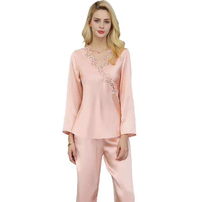 

European and American New girls' silk pajamas spring and summer V-neck strap nightdress lace hollow silk pajamas homewear