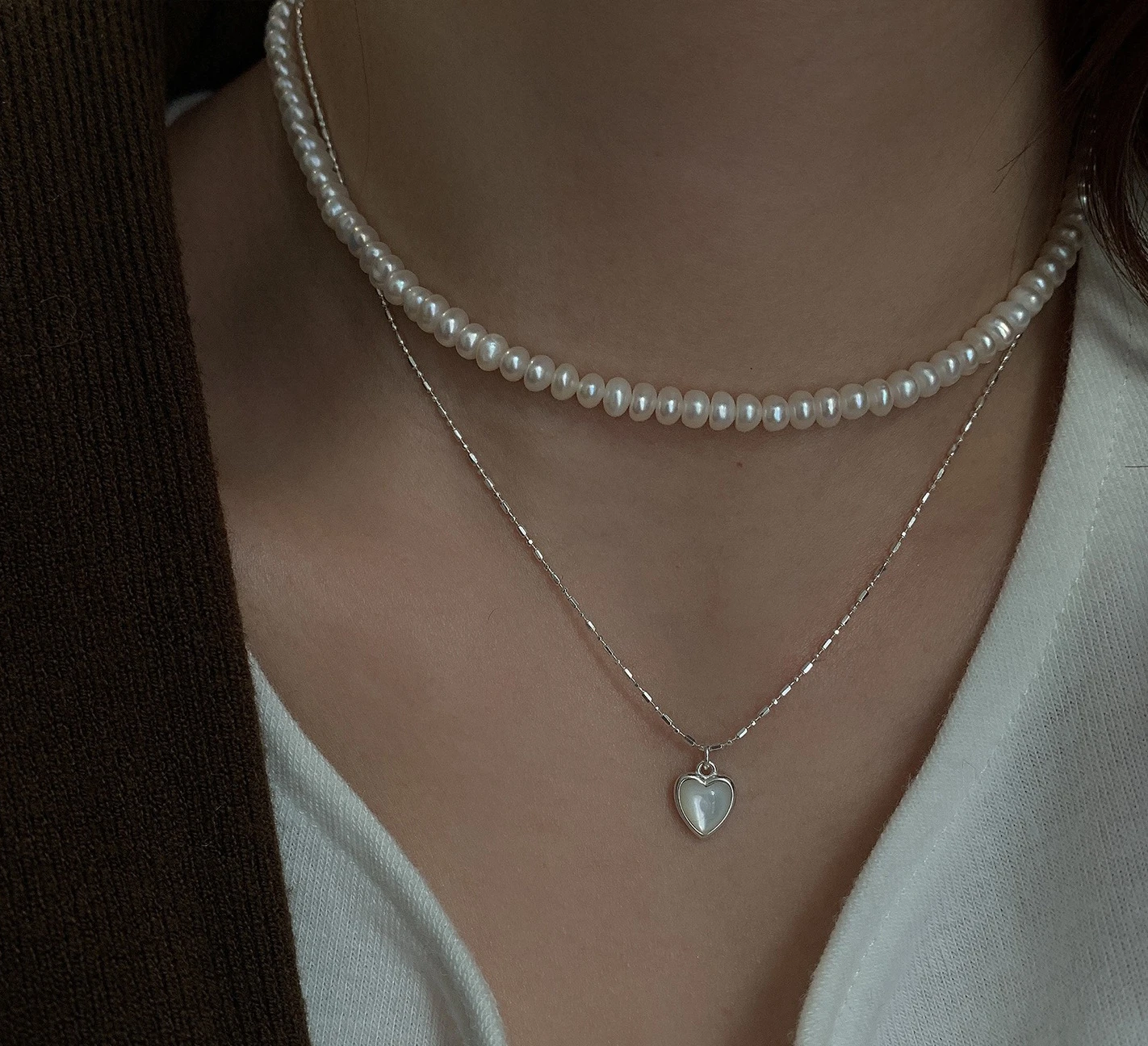 

Women's heart-shaped Rice grain chain shell Love Necklace