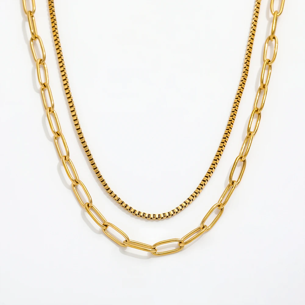JOOLIM High End Stainless Steel Double-layer Hip-hop Box Chain Paper Pin Necklace 18K Gold Plated Jewelry Wholesale