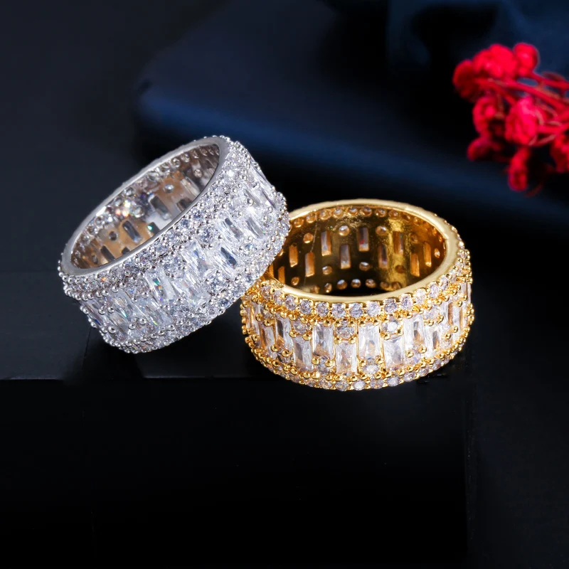 

European Brass Gold Plated Silver Color Engagement and Wedding Party Jewelry Luxury White Baguette Cubic Zircon Ring for Women