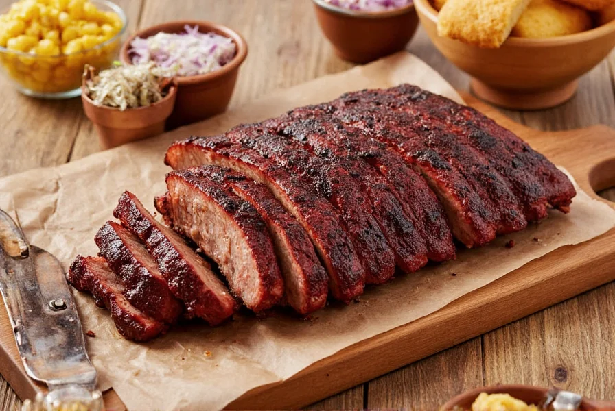 Sliced Dr Pepper ribs served with classic barbecue sides including coleslaw and cornbread