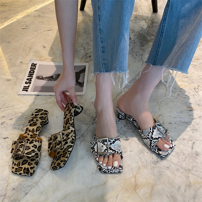 

Brand shoes buckle decor snakeskin pattern lady slippers square toe cylinder heels women slides summer fashion girl mules