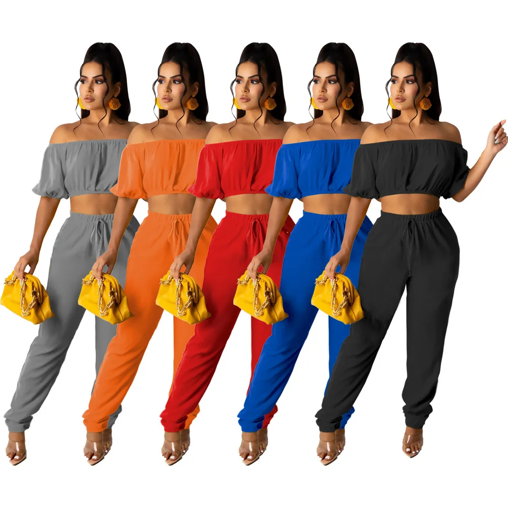 

2021 Womens Outfits 2 Piece Off Shoulder Ruffle Hem High Waist Leggings Womens Sexy Jumpsuit Bodycon Clubwear