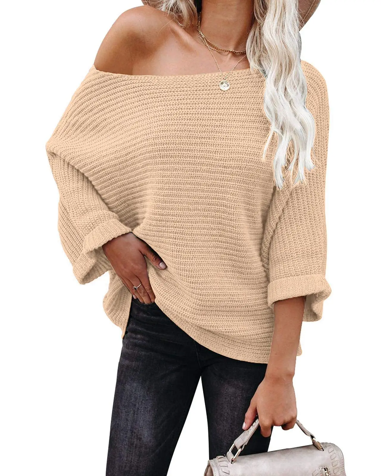 

Women's Off Shoulder Sweaters Batwing 3/4 Sleeves Casual Loose Fit Solid Pullovers Knit Jumper