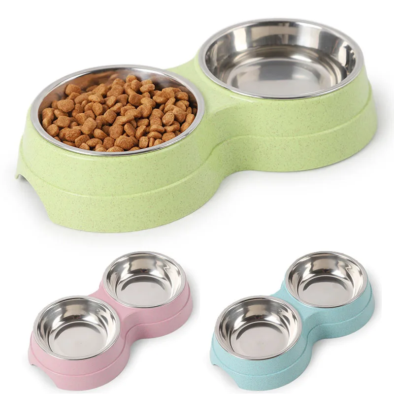 

Eco-friendly Wheat Straw Round Smart Pet Feeder Drinking Plastic Double Pet Bowl Dog Bowl Stainless Steel Cat Feeding Bowl, Blue,green,pink and customized