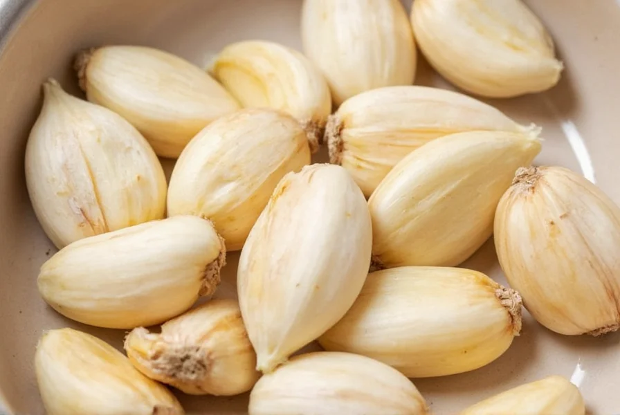 Fresh peeled garlic cloves arranged on cutting board with storage containers