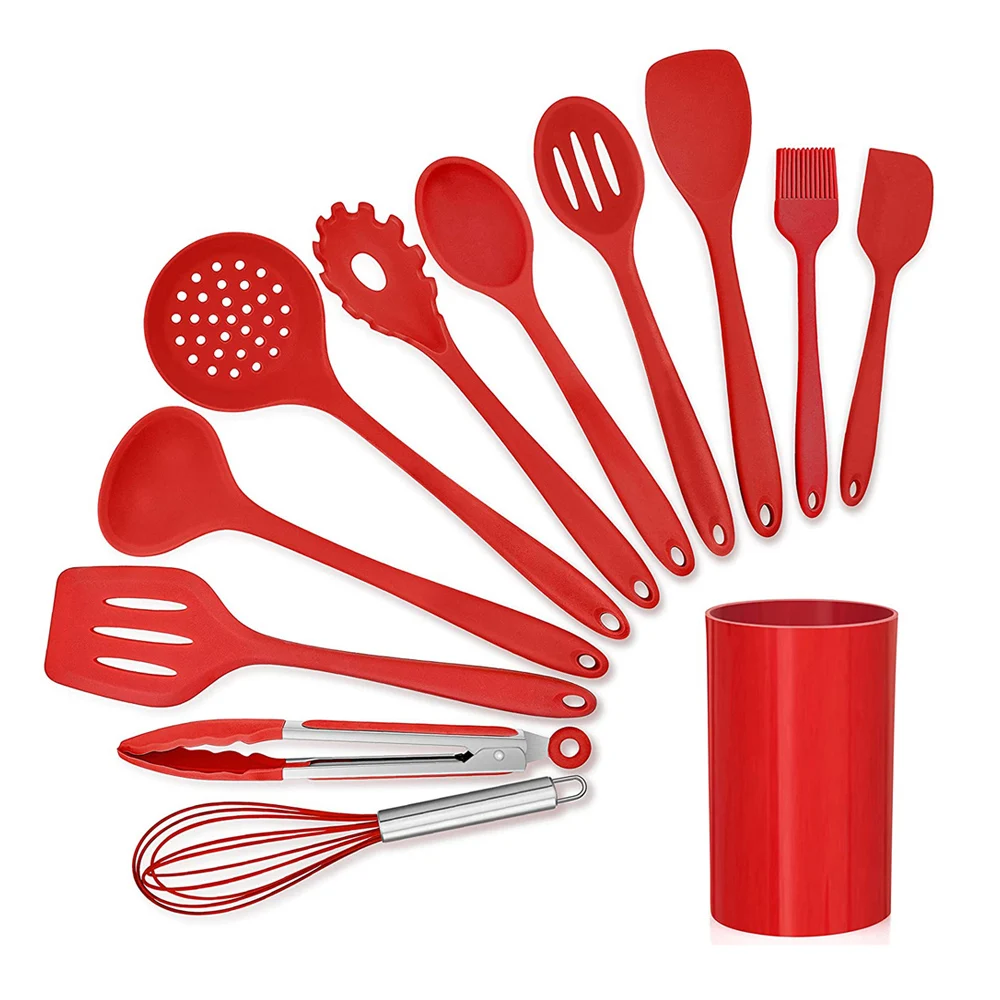 

Amazon hot sale 12pcs novelty plastic cookware utentil set food grade silicone red kitchen utensils