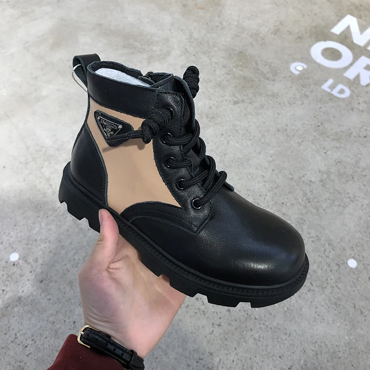 

High Quality Spring Fall Zipper High-Top Children Boots Shoes Cow Leather Rubber Sole Non Slip Kids Ankle Boots, Offwhite/black