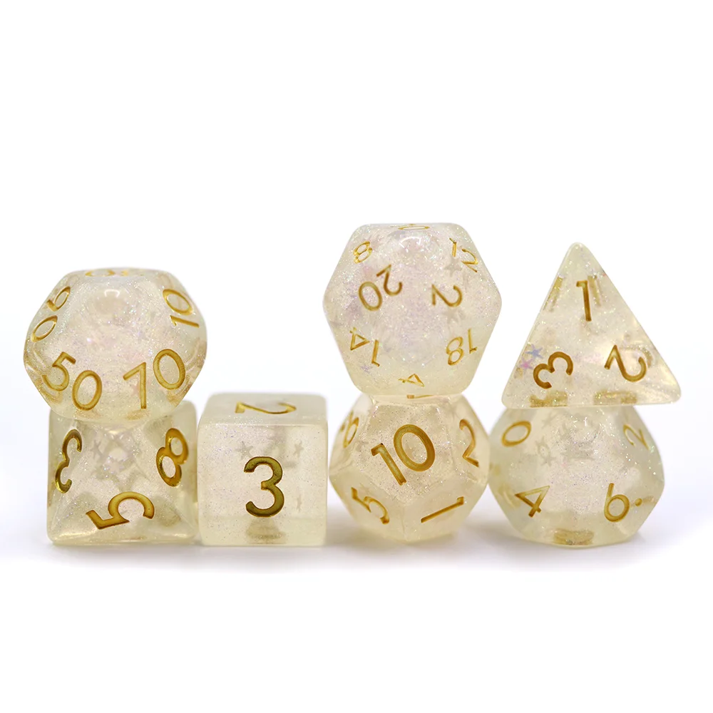 

Low MOQ 7-Pack 20 Sided Dice Set D20 Polyhedral Clear Dice Set for DND RPG Table Game