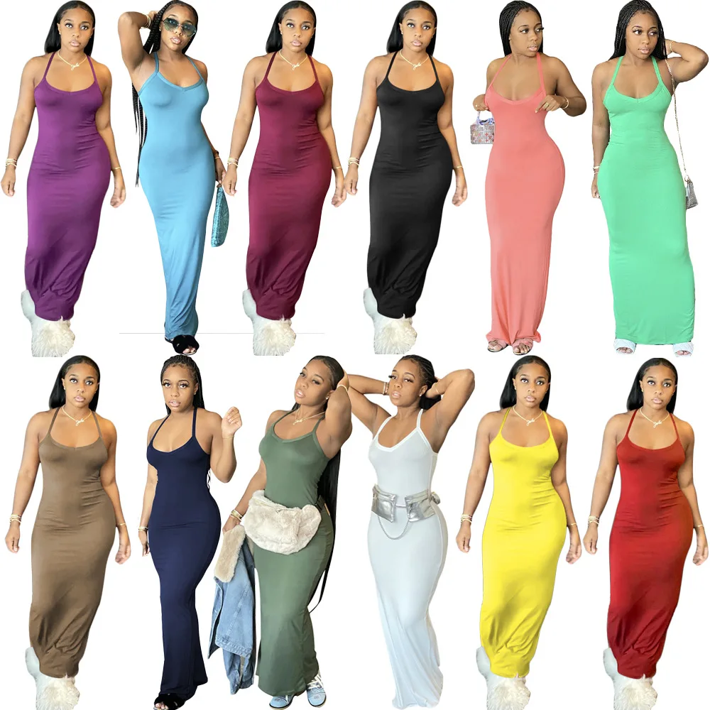 

Sexy Solid Color Suspender Long Skirt Fashion Temperament Women'S Dress
