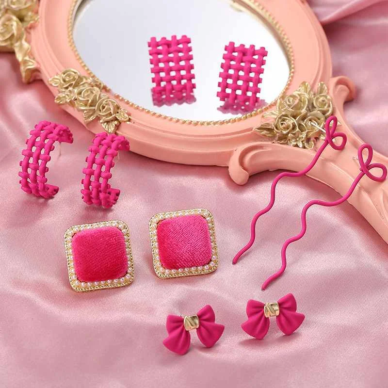 

2021 Trend Cute C Shape Pink Korean Geometric Rose Red Drop Earrings Grid Bow Dangle Earring for Women Jewelry, Gold plated