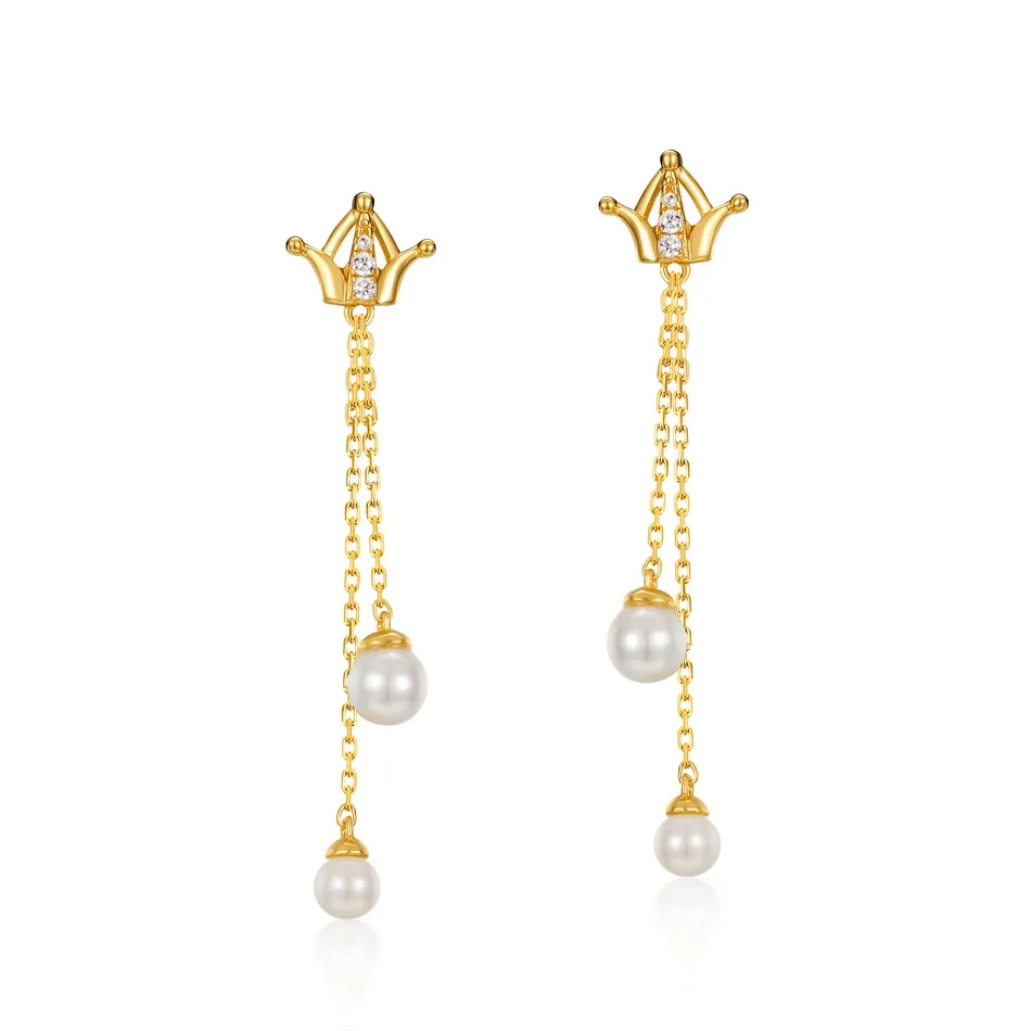 

Korean women jewelry dangle chain drop pearl 925 Sterling silver crown earrings