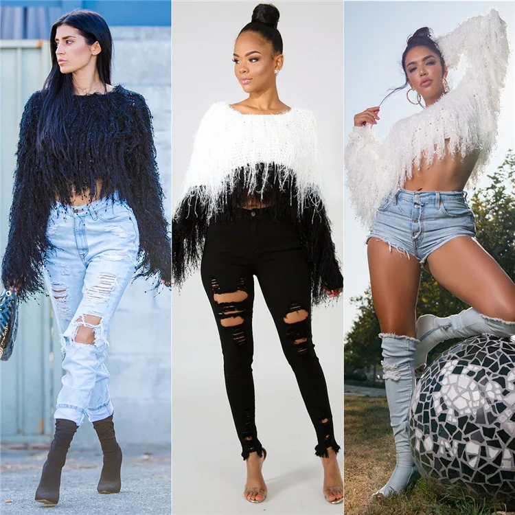 

Z0031-Trendy Solid Long Sleeve Crop Tops Tassel Women oversized Sweater 2021 spring