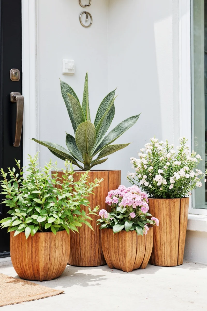 Modular wooden plant stand in a living room