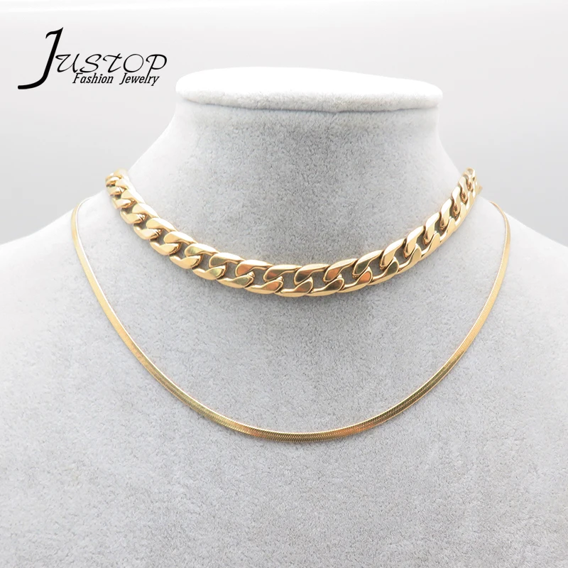 

Stainless steel 18k gold plated two layer cuban chain choker snake chain necklaces