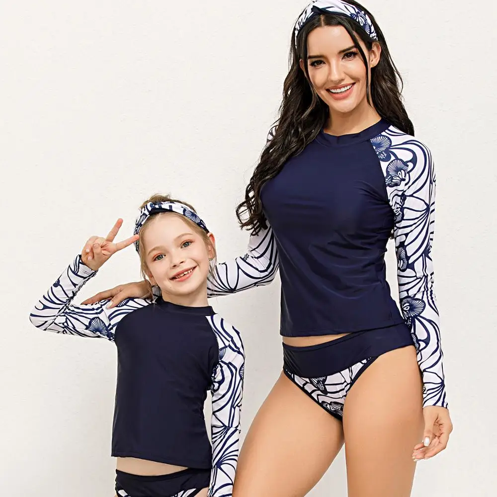 

Hot Selling Headband Long Sleeve Swimwear Wrap Print Bathing Suits Mummy and Me Uv Rash Guard