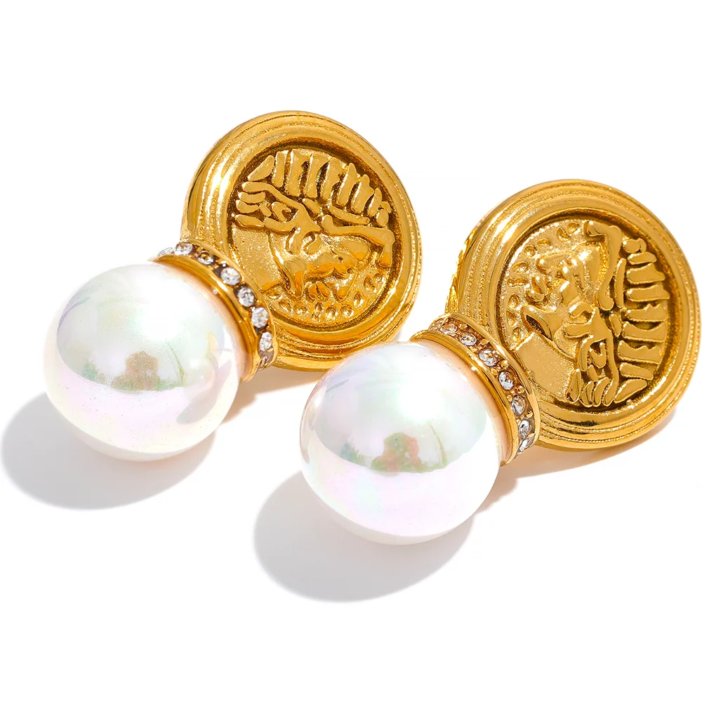 

JINYOU 2124 Vintage Shell Pearl Gold Color Stainless Steel Portrait Head Stud Earrings 18K PVD Plated Statement Europe Jewelry