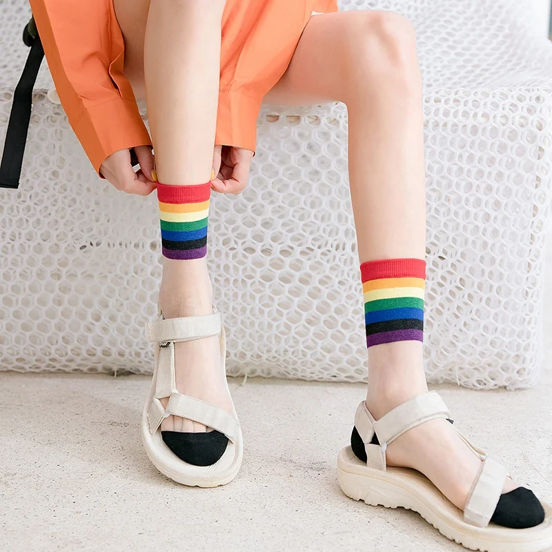 

Women Colorful Stripe Lace Sheer Knit Ankle Transparent Sexy Silk Socks, Image