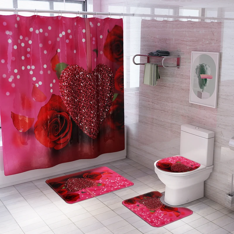 Valentine's day New Shower Curtain Lid Toilet Cover Bath Mat Rug with Hooks Bathroom Accessory Sets