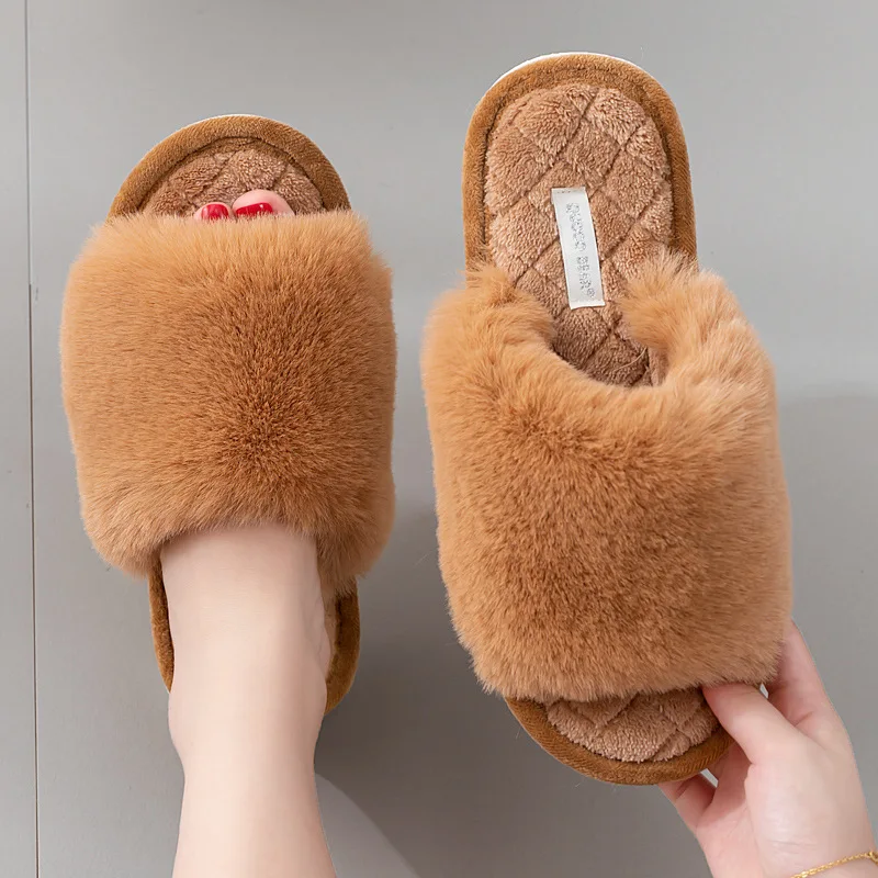 

PDEP 2021Soft sole indoor winter fur slippers peep toe flat warm plush girls custom fur slippers, Brown,grey,pink,white