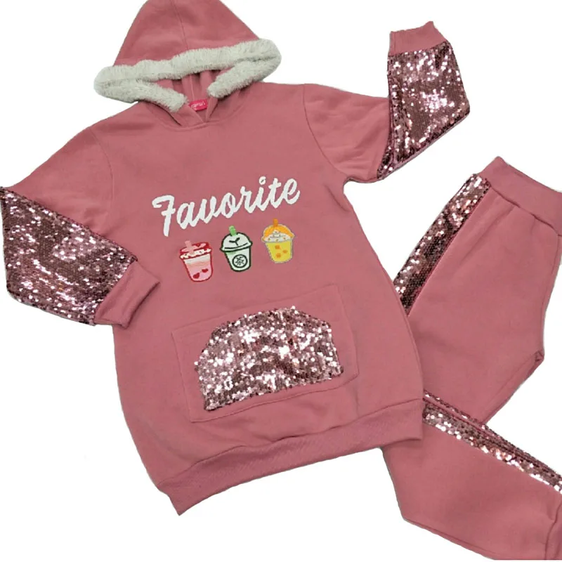 

Girls casual Hooded Sweater Set ice print two pocket girls set