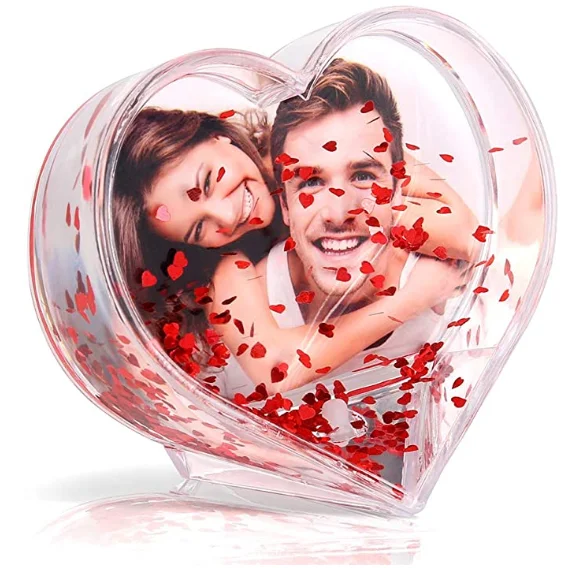 

China wholesale acrylic OEM custom novelty gifts picture insert photo frame funny acrylic heart shape snow water globe, Clear acrylic, colorful glitters